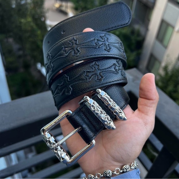 Black Embossed Leather Belt with Silver Buckle